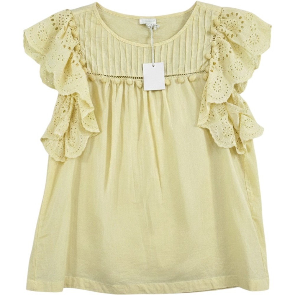 Jennifer Grace Eyelet Ruffle Top Womens Medium Celery Yellow Cotton Pom Pom Boho